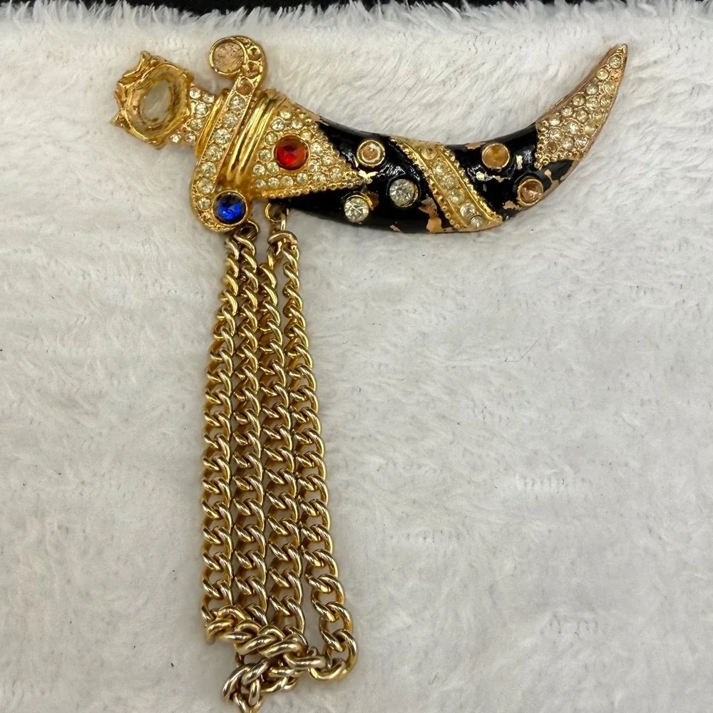 Vintage Dagger Brooch Mandle? Gold Black Enamel Rhinestone Sword
